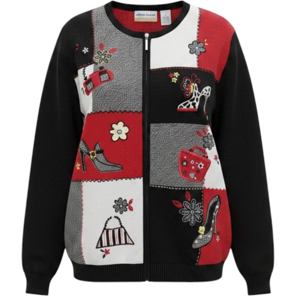 Alfred Dunner Sweaters - Alfred Dunner Womens 2X Patchwork Zip Front Cardigan Sweater Heels Handbags NWT